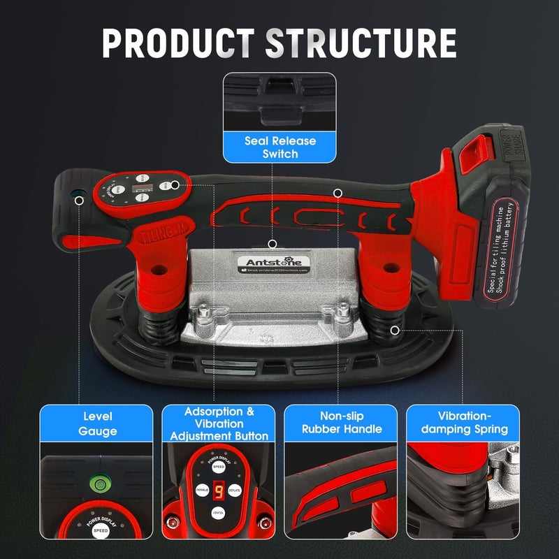 Antstone Tile Vibration Tool 250mm Suction Cup 882lbs/400kg Adsorption Handheld Tile Installation Leveling Machine Tile Vibrator Tool for Tiling Leveling Laying Max.28000r/Min 9 Speeds (Red) - Image 5